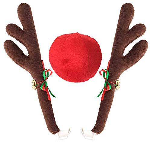 Klinkamz Rentier-Geweih-Kostüm, Jingle Bells, Rudolph, für Auto, Weihnachtsdeko, mit Nase