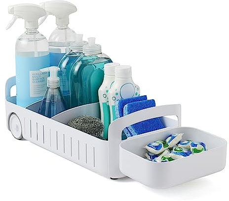 YouCopia RollOut Petit bac de rangement roulant avec 2 séparateurs ajustables et panier amovible, idéal sous évier et sous lavabo, 20 cm de largeur, blanc