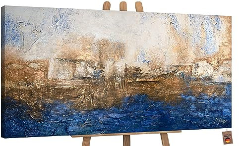 YS-Art Abstrakt Acryl Gemälde auf Leinwand Marine handgemalt Wandbilder Wohnzimmer modern Wohndekor Bilder Büro blau gold minimalistisch echte Kunst 120x60 cm