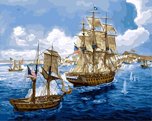 Awesocrafts Paint by Numbers Kits, Sailing Ships with American Flag, Sailboat Sail Boats Number Painting for Adults 16x20 inch (Sailing Ships, No Frame)