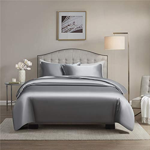 Gnomvaie Satin Bettwäsche Set 135x200 cm, Grau Einfarbig 4 Teilig Seide Luxus Angenehm Bettbezug mit Reißverschluss und Kissenbezug 80x80cm