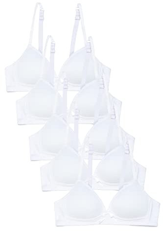 Girls’ Bra, Cotton Basic Top, Wireless, Plain Colours, Adjustable Straps, A Cup, Pack of 5 White, 10- 12 Years