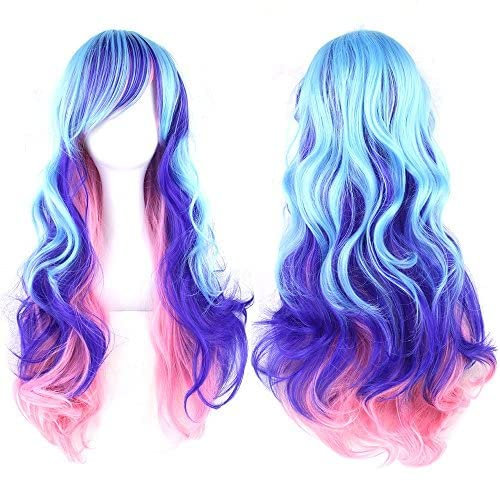 IMISSU Lockiges Naturhaar Lange Cosplay Perücke mit Pony Halloween Haarteil Kostüm Perücken (Blau Rosa)
