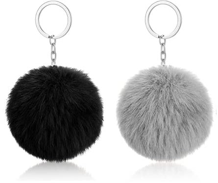 BANSHAN 2 pièces Faux Fur Balls Keyfob Fluffy Pompoms Keyring Plush Charm Pendant Keychain Car Key Backpack Hanging Ornament For Girls Women, Gris et noir., taille unique