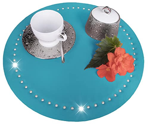 DECOOR- Platzset aus Polyester Ø 30cm, 6er Set, Türkis, Tischset Abwischbar, verziert mit Kristallen, Waschbare, Platzdeckchen, schmutzabweisender, hergestellt in der EU