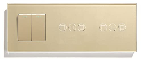 BSEED Interruptor de luz de botón 2 compartimentos, 1 vía, con interruptor de persiana, interruptor doble compatible con Alexa Smart Life, Tuya y Google Home, 228 mm, dorado