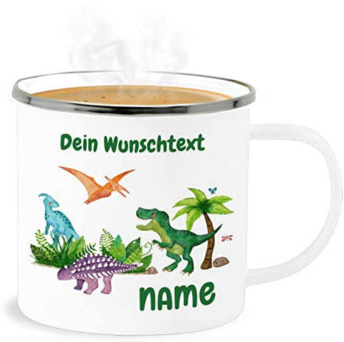 Emaille Becher Blechbecher - Tiere - Dino Dinos Dinosaurier - 300 ml - Weiß Silber - tasse bruchsicher kinder mug kindergarten personalisierte geschenke trex tassen dinotasse child tier name