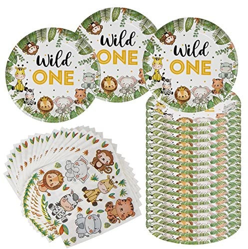 Wild One Birthday Decorations Plates Set for 20 Guests, Jungle Safari Party Decorations, 40 Pcs Animals Theme Party Supplies, Safari Theme Paper Plates Napkins, for Kids 1st Animal Birthday