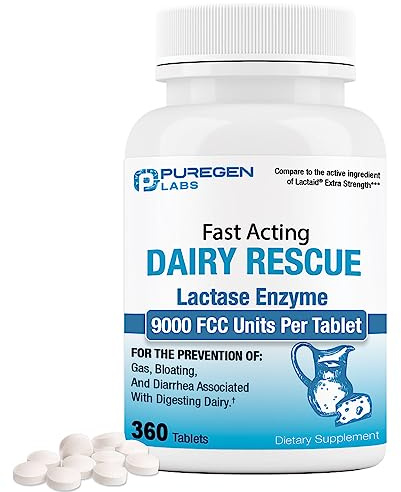 Puregen Labs Dairy Relief Fast Acting Lactase Enzyme 9000 FCC, Lactose Intolerance Pills 360 Tablets