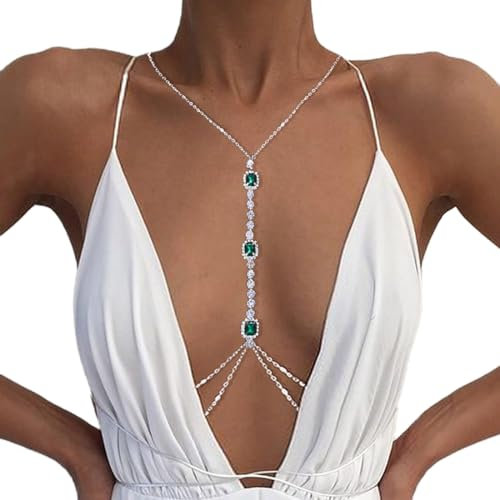 JUSTUSNX Grün Kristall BH Kette - Mode Einfache Körper Kette Strass Sexy Bikini Nachtclub Zubehör für Frauen und Mädchen (A)