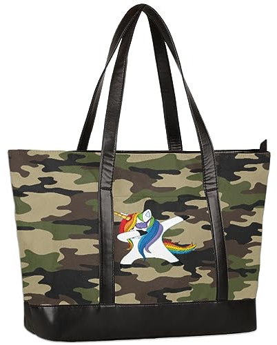 TropicalLife Bolsa de lona grande con diseño de unicornio para mujer, diseño de camuflaje, divertido unicornio, con cremallera, para oficina, viajes, compras, color, 15 L