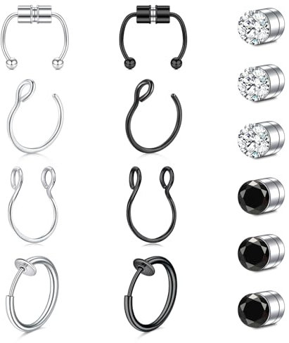 NIUSIMAN Fake Nasenpiercing Magnet Septum Piercing 14 Stück Nasenpiercing Fakes Ring Septum Clicker Nase Piercing Hoop Clip Nasenring Nicht Piercing Faux Lip Ohr Septum Ring Piercing Nase Schmuck