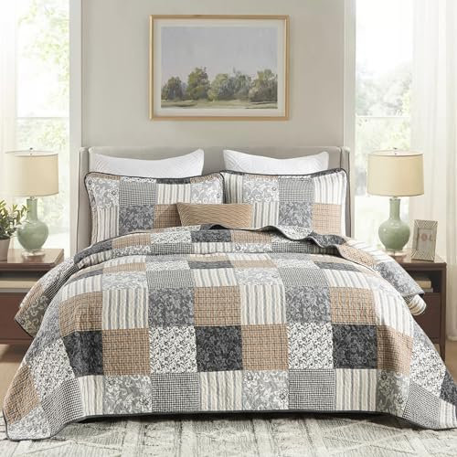 PERHOM Bettwäsche-Set für King-Size-Bett, 100 % Baumwolle, Lodge-Tagesdecke, Steppdecke, Bettwäsche-Set, Cabin Patchwork Plaid Floral Quilt für King-Size-Bett, braun/grau, rustikale Tagesdecke,