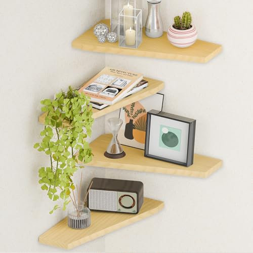 MARTY Eckregale, 4er-Set, Eckregal, Wandmontage, Massivholz, Wandregale für Schlafzimmer, Badezimmer, Wohnzimmer, Küche, Büro, Aufbewahrung, Organizer, Wanddekoration, Ahorn
