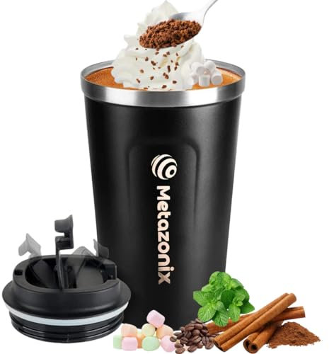 Metazonix Kaffeebecher aus Edelstahl, auslaufsicher, isolierter Kaffeebecher mit Deckel, Reise-Kaffeebecher, schwarz, 380 ml