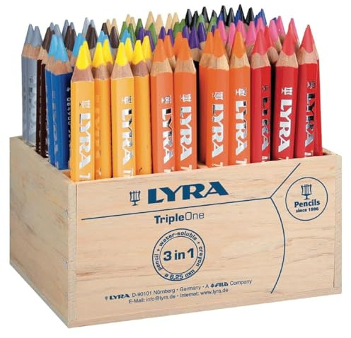 LYRA Triple 1 3in1 Stifte lackiert Schulpack 96 Stk. | Holzbuntstifte, dreikant, lackiert, Mine 6,3mm, sortierte Farben, Wachskreide, Aquarellstift, 8 x 12 Stk., Holzkiste