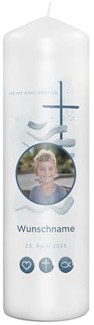 PhotoFancy® - Personalisierte Konfirmationskerze - Fotokerze mit eigenem Foto/Text bedrucken lassen - Kerze mit Konfirmations-Design: Licht des Glaubens - 29 cm Höhe