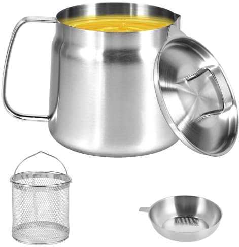 Olla de filtro de aceite de acero inoxidable de 1,5 L, recipiente de filtro de aceite de gran capacidad con colador de malla fina y cesta para freidora, tanque de filtro de aceite, recipiente