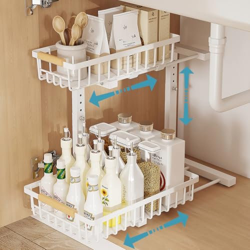 Toiatot Organizer Sottolavello a 2 Livelli, Scaffale Portaoggetti sotto Lavandino Estraibile, Regolabile in Altezza Organizzatore per Armadi per Cucina Bagno (Bianco)