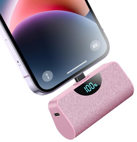 Mini Powerbank 5200mAh für iPhone,Klein Power Bank 20W PD 4.0A Schnellladefunktion Externer Akku, LCD Digitalanzeige Akkupack Kompatibel mit iPhone 14/14/Pro Max/13/12/11/XR/XS/8/7/6s-Helles Rosa