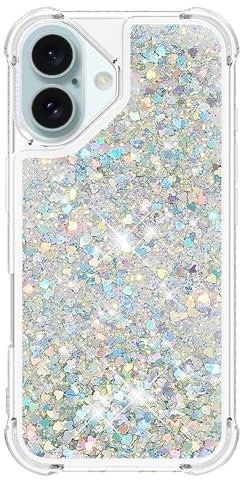 Wuhaizher for iPhone 16 Case Glitter, 3D Bling Sparkle Quicksand Flowing Liquid Clear Transparent TPU Gel Silicone ShockProof Protective Phone Case for iPhone 16, Silver