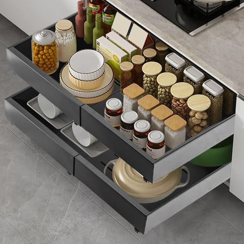 ASelected Pull Out Cabinet Organiser, Heavy Duty Slide out Drawers Adjustable Kitchen Cupboard Organiser No Drill, Extendable Sliding Drawer for Kitchen Bathroom Pantry (Range 32-52cm)