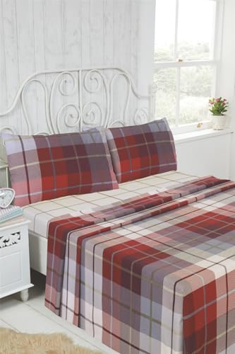 Brushed Cotton Flannelette Sheet Set – Rapport Home Lomond Double Size in Red, Includes Flat and Fitted Sheet and 2 Pillowcases – Soft, Warm, Breathable Bedding for Winter Comfort