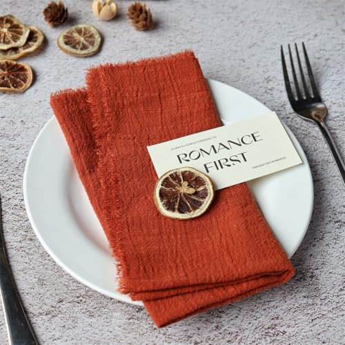 SYSUII Stoffservietten 24 Stück 42x42cm weich Tischservietten Rustikale Baumwolle Servietten mit Fransen Servietten Tuch für Hotel,Restaurant,Weihnachten,Party Hochzeit Dekoration -Rot Orange