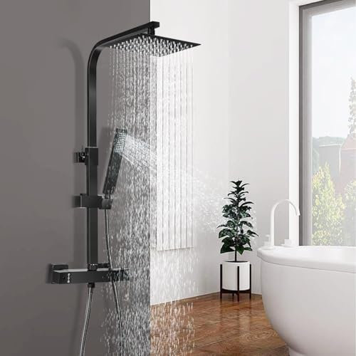 Duschset, Edelstahl Duschsystem mit Thermostat, Duschpaneel mit Handbrause, 2 Strahlarten Duschkopf, Höhenverstellbar, Regendusche mit Armatur, Duschset Schwarz.