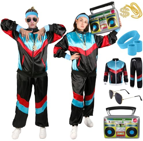 80er 90er Jahre Outfit Herren Damen- Retro Jogginganzug Party Kostüm 90er Jahre Accessoires Trainingsanzug Bad Taste Jacke Hose Anzug Disco Kleidung für 80s 90s Mottoparty Schlagerparty Karneval