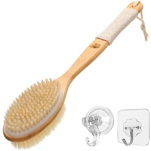 DSL Back Scrubber for Shower with Long Handle – Natural Bamboo Dual-Sided Body Brush, Soft & Stiff Bristles for Exfoliating, Deep Cleansing & Massage, Includes Hanging Rope & Hook