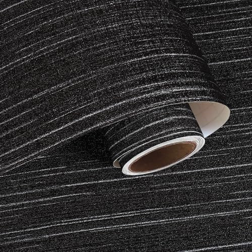 VaryPaper Black Silver Faux Grasscloth Wallpaper 40cmx200cm Textured Fabric Contact Paper Sticky Back Plastic Thick Lining Paper Black Linen Wallpaper for Living Room Bedroom Cupboards Furniture Wrap