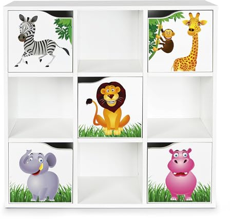 Leomark Moderner Schrank KUBiCO Max, Bücherregal, Kinderregal, Spielzeugregal, Kinderschrank – Weißes Bücherregal mit 9 Fächern, Aufbewahrungslösung, Höhe: 89,5 cm – Kinderzimmer (Tiere)