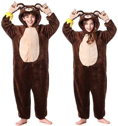 Hislovy Björnkostym barn, brunbjörn, onesie, pyjamas, sovoverall för pojkar, flickor, halloween, karneval, jul 4–12 år