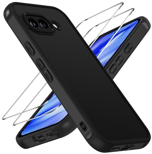 ivoler Hülle für Google Pixel 9A mit 2 Stück Panzer Schutz Glas, [Militärstandard] Stoßfest Kratzfest Handyhülle, Matt Durchscheinende Rückseite Anti-Fingerabdruck Schutzhülle Case (Schwarz)