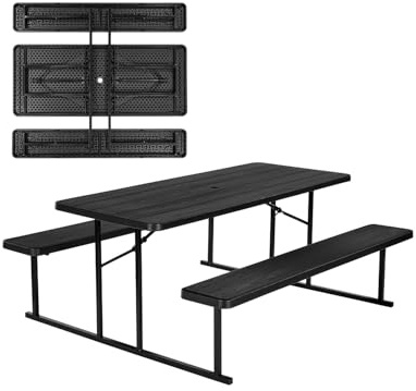VEVOR Tavolo da Picnic Pieghevole 1795 x 1600 x 755 mm con Panche, Set di Panche da Esterno in Acciaio con Foro per Ombrellone, Grande Tavolo da Pranzo Esterno per Patio, Giardino, Bordo Piscina, Nero