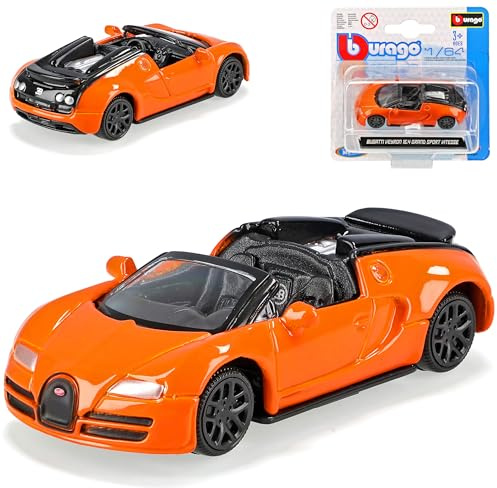 alles-meine.de GmbH Bugatti Veyron 16.4 Grand Sport Vitesse Orange Cabrio 1/64 Burago Modell Auto mit individiuellem Wunschkennzeichen