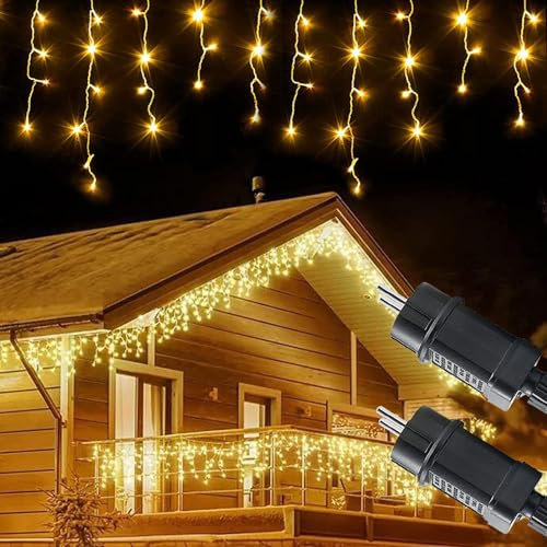 Eisregen Lichterkette Außen 10m 400LEDs, Lichtervorhang mit 8 Modi und Timer, Speicherfunktion, IP44 Wasserfest, Eiszapfen Lichterkette Inner für Weihnachten Traufe, Warmweiß, 2 Stück