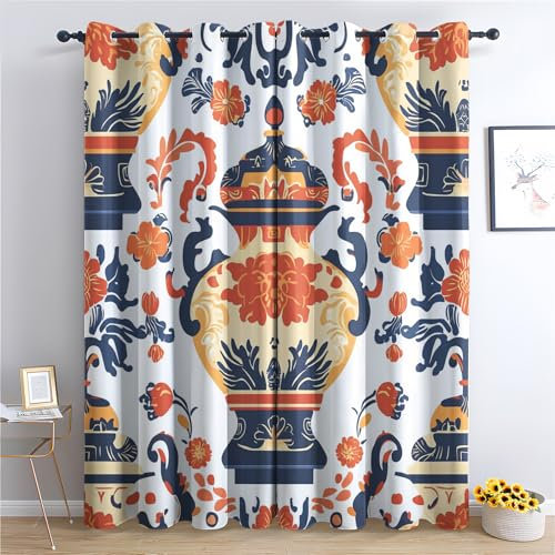 Generisch Vorhänge Chinesisch Muster, Orientalisch Blumenvase Gardinen mit Ösen Wohnzimmer Schlafzimmer Deko, Fenster Blickdicht Verdunklungsvorhänge 2er Set, 200 x 140 cm (H x B) s30