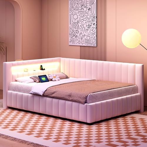ANIROY L-förmige Schlafsofa 140x200cm, Samtstoff Polsterbett Daybett Sofabett mit LED und USB, Doppelbett Bettgestell mit Lattenrost und Rückenlehne (Beige A)