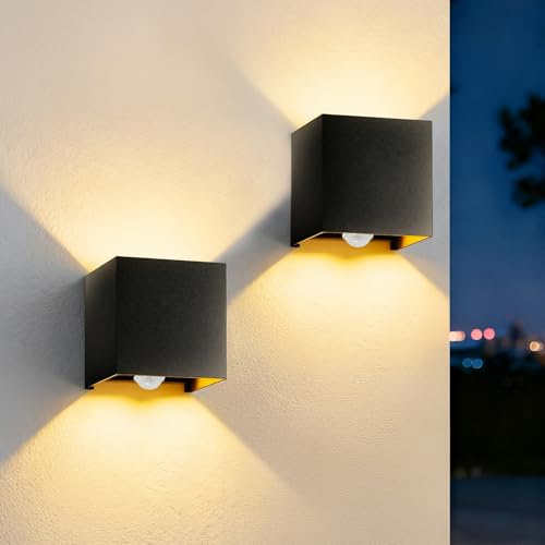 HomeyHoney Aussenlampe mit Bewegungsmelder, LED Wandleuchte Innen/Aussen | IP65 Wasserdichte Aluminium Außenlampe Wand, 12W 3000K Wandlampe für Wohnzimmer Garten, 2 Stück, Schwarz