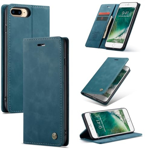 Ottcooed Cover per iPhone 8 Plus/iPhone 7 Plus Custodia, Cover Pellicola a Libro Portafoglio in Pelle Porta Carte Protettiva Slot per Scheda Flip Case con iPhone 8 Plus/iPhone 7 Plus, Blu verde