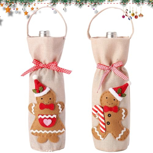SOETDERT Weintasche Weihnachten, Jute-Weinbeutel, Flaschentüten Weihnachten, Weinflaschen Geschenktaschen Lebkuchenmann, Weinflasche Abdeckung, Flaschenbeutel Deko für Dinner Party Tischdekoration
