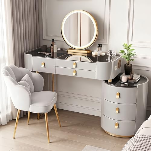 Vofikoli Schminktisch mit Beleuchtung, 3 einstellbare Helligkeiten, für Schlafzimmer, 1 Seitenschrank 5 Schubladen, Frisiertisch mit Spiegel, Modern Schreibtisch Kosmetiktisch Kombi (Grau, 100cm)