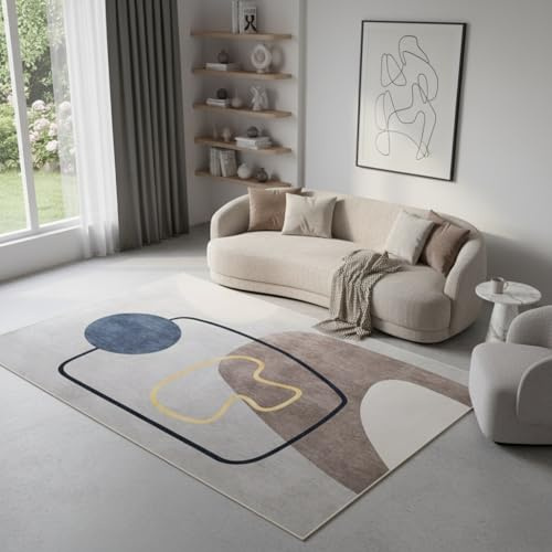 TAPISO Nora Teppich Grau Blau Abstrakt Modern Wohnzimmer 140 x 200 cm | Geometrisch rutschfester Design-Teppich Kurzflor bedruckt Für Schlafzimmer Esszimmer Flur