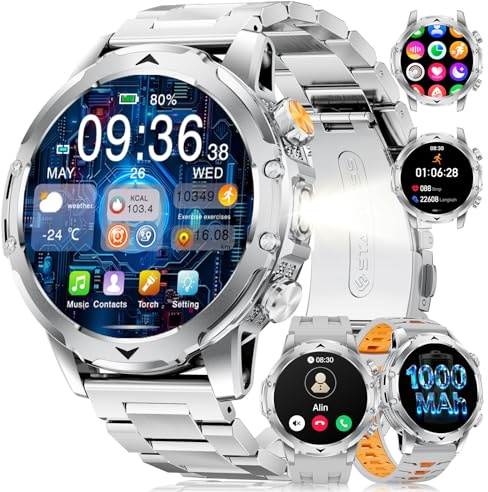 FITFLEX Herren Smartwatch mit Telefonfunktion, 1,53 HD AMOLED Smart Watch für Herren, LED Taschenlampe, 1000 mAh Batterie Fitnessuhr mit 120+ Sportmodi, Herzfrequenz, Schlafmonitor, iOS Android