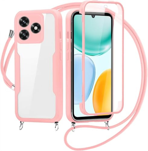 Coque pour Google Pixel 6a avec Cordon, Transparente Silicone Housse avec Réglable de Collier Anti-Chute Etui pour Google Pixel 6a, 360° Protection Case Robuste Double Bumper Etui Intégrale, (Rose)