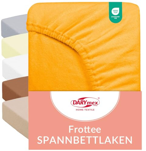 Darymex Frottee Spannbettlaken 140x200 cm, Baumwolle, bis 20 cm, Gelb | Elastisches Spannbetttuch mit Gummizug, 82% Baumwolle 18% Polyester, 155 g/m², Öko-Tex Standard 100, bügelfrei