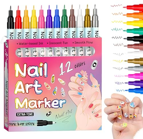 12 Colours Nail Art Pens Set, 3D 0.5mm Quick-Drying Graffiti Nail Pen Waterproof and Long Lasting for Polishing Dotting Painting Liner DIY