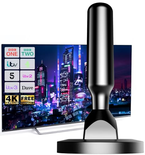 Indoor TV Aerial Magnetic Base 360° Reception Digital TV Aerial Indoor for Smart TV Supports 8K 4K 1080P Universal Indoor Aerial Freeview Compatible 3m Cable